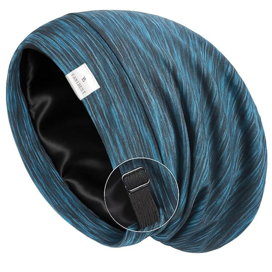 YANIBEST Silk Satin Bonnet Hair Wrap for Sleeping, Adjustable Slouchy Beanie for Women, Silk Lined for Curly Hair and Braids, Blue