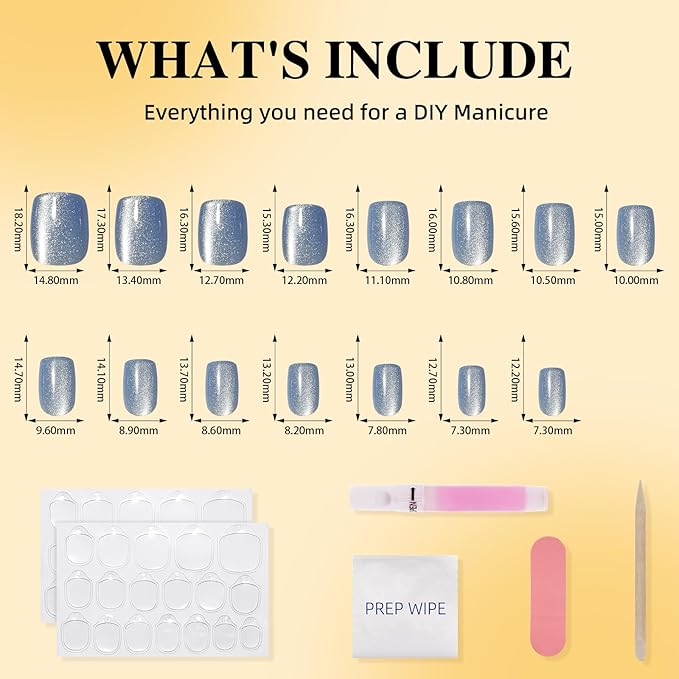 Leefrei Press On Nails, Short Square Blue Press on Nails Arctic Glazed Nails Press Ons for Women DIY Fake Nails Kit with Glue, Glossy Reusable Glue on Nails Short in 15 Sizes - 30pcs, Arctic Glaze