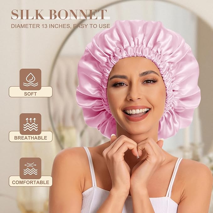 Satin Bonnet Silk Bonnet Hair Bonnet for Sleeping-Slouchy Beanie Hat Satin Sleep Cap for Women's Natural & Curly Hair(Blue Zircon&Dark Pink)