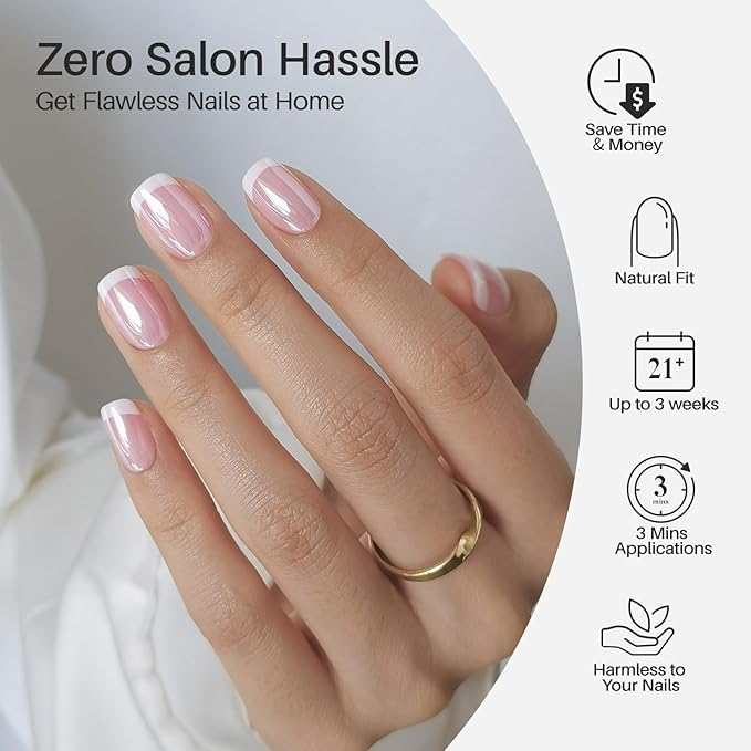 SHANGMENG White Chrome French Tip Press on Nails Short - Soft Gel Press on Nails Square for Women Gift, Glossy Glue on Nails in 16 Sizes - 32 Reusable Fake Nails Kit with Glue, Aurora French