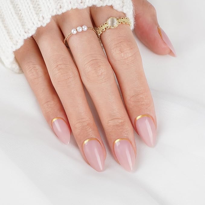 Canvalite Press On Nails Almond, Short Press on Nails Gold French Tip Reusable Acrylic Fake Nails with Glue & Glue Remover Easy to Use 30Pcs Manicure Kit for Women