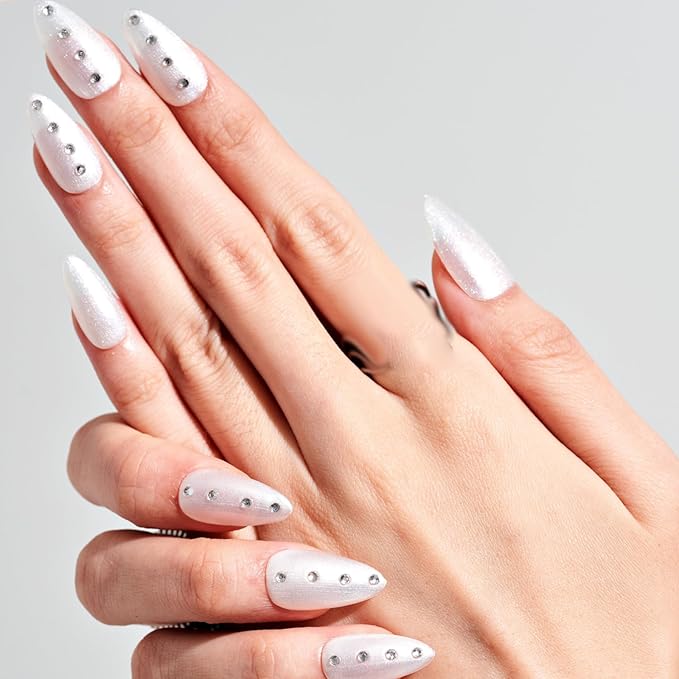 GLAMERMAID Nude White 3D Press on Nails Medium Almond, Rhinestone Handmade Jelly Gel Fake Nail Stiletto Kit, Ombre Glitter Magnetic Glue on Nail Short Oval, Normal Stick on False Nail Set for Women