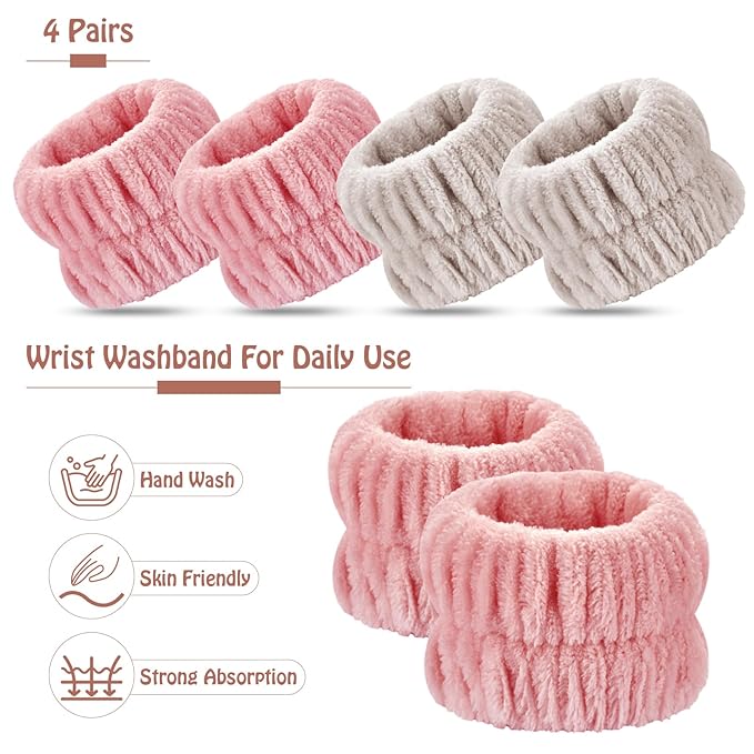 Darfukei Wrist Bands for Washing Face, 4pcs Spa Face Washing Wristbands, Microfiber Arm Wrist Towels, Absorbent Wash Wristbands for Woman Men, Prevent Water from Spilling Down Your Arms