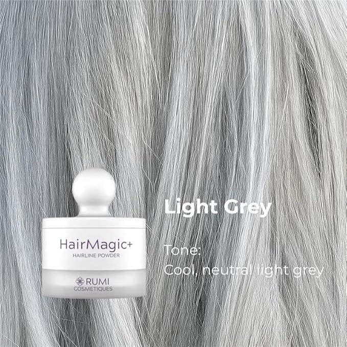 Rumi Cosmetiques HairMagic+ Root Touch Up Powder for Mature Women – Instant Gray Hair Coverage & Hairline Filler – Water-Resistant, Natural Finish, with Argan Oil & Vitamin E (Light Grey)
