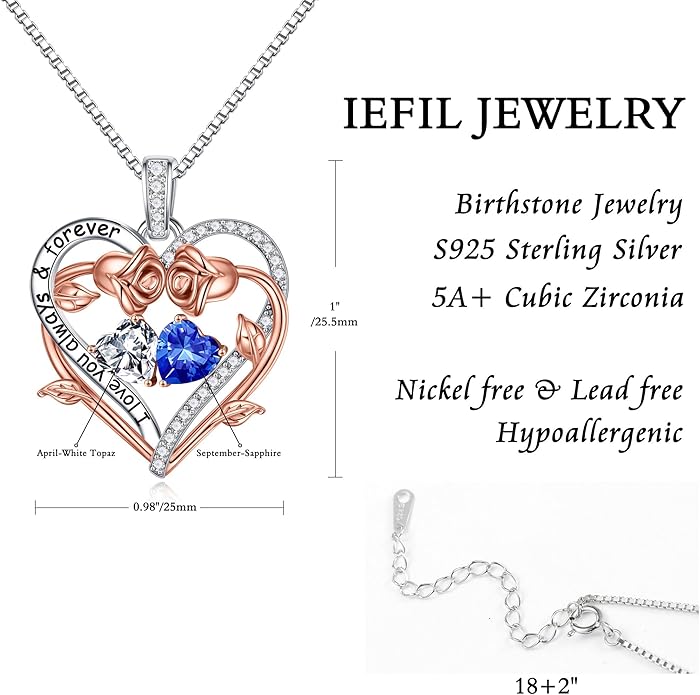 Iefil Valentines Gifts for Her Wife Women - Rose Heart Double Birthstone Necklace Gift for Wife Girlfriend Her Women, Birthstone Jewelry Gemstone Birthday Gifts for Mom Grandma Her