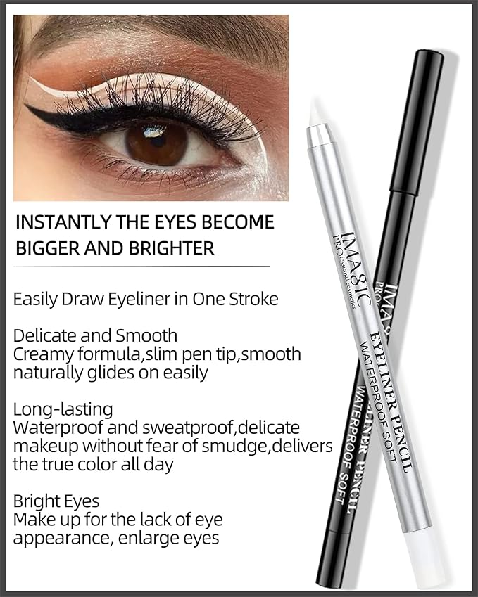 Black & White Waterproof Gel Eyeliner Pens, White Highlighter Eye Liner Pencil, Matte Long Lasting Super Smooth formula Eye Liner Eyeshadow Makeup Pencil, Gift Set for Women(3Pcs)