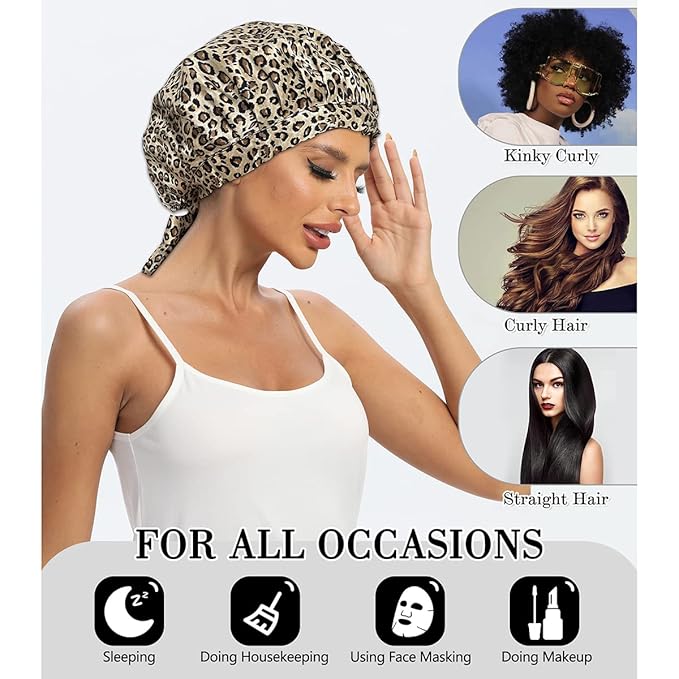 Cocheng 100% Mulberry Silk Bonnet for Sleeping Double Layer Silk Sleep Cap with Adjustable Tie Band 19 Momme Breathable & Adjustable Hair Bonnet (Leopard)