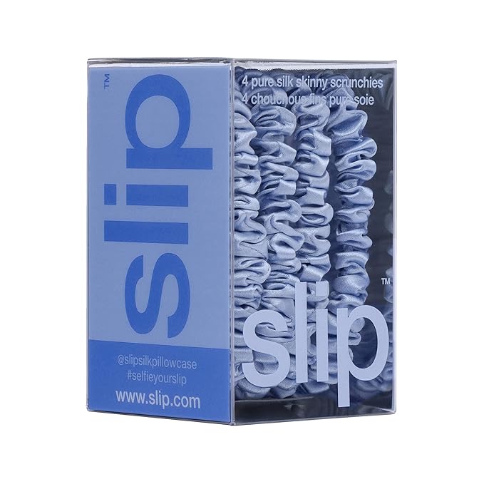 slip Skinny Scrunchies: Anti-Crease, Anti-Breakage Slipsilk™ Design Protects Delicate Hair | Includes 4 Pure Silk Scrunchies, Cornflower