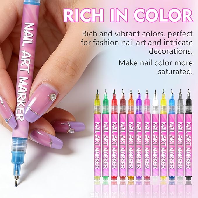 12 Colors Nail Art Pens Set,Fine Tip Nail Polish Pens Set,Quick-drying Waterproof for Nail Painting Pens,Manicure Kit Tools for Home Salon and DIY Nail Art Design(Pink)