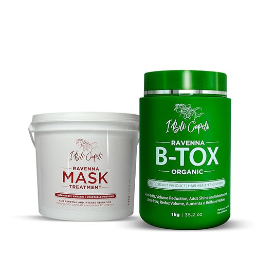 I Belli Capelli Ravenna B-tox Organic Kit - Hair B-tox Treatment (35.2 Fl Oz) Formaldehyde-Free + Hair Mask for Damaged Hair (52.9 fl oz) - Straightening, Intense Shine & Moisture for All Hair Types