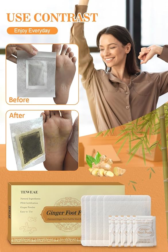 TEWEAE Foot Pads, Ginger FootPads, Natural Ginger Powder Bamboo Vinegar Foot Patches 20 Packs.