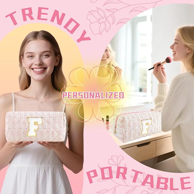 Personalized Quilted Cosmetic Bag, Puffy Monogrammed Christmas Birthday Gifts for Women & Girls, Cute initial Floral Makeup Bag Puffer Coquette Bag, Aesthetic Travel Toiletry Zipper Pouch(Pink,F)