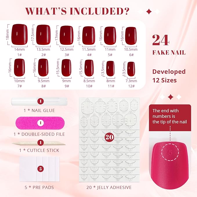 Wine Red Press on Nails Short, Jofay Fashion Glossy Red Valentines Fake Nails with Nail Glue, Square Glue on Nails, Natural Acrylic False Nails, Stick on Nails for Women Gift, Gel Nail Kit, 24pcs