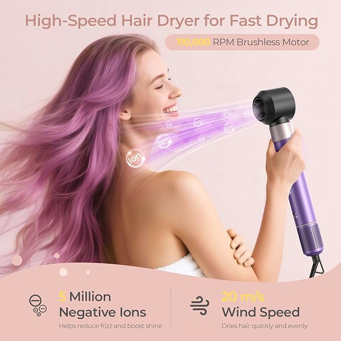 Vincofy 7-in-1 Hair Dryer Brush and 1500W Hair Styler Set – Fast Drying, Curling, Straightening & Volumizing – Hot Air Styling Tool with No Heat Damage – for All Hair Types – Purple