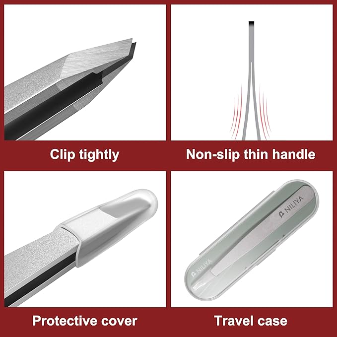 NILIYA Eyebrow Tweezers for Women Facial Hair, Precision Stainless Steel Slant Tweezers, Sharp Eyebrow Plucker for Remove Hair and Blackhead, With Travel Case