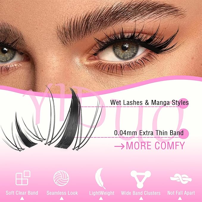 YIDUO Lashes Clusters Fairy Manga Eyelash Clusters 140pcs Wispy Natural Wet-Look Lashes Extension 8-18mm D Curl Widespan Cluster Eyelash Extensions DIY Individual Lashes with Soft Thin clear Lash Band