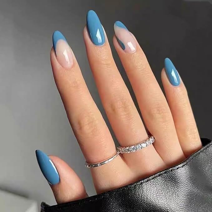 SHELWIN French Press On Nails Ready-To-Wear DIY Manicure Stick On Nails kit for Women 24 Pcs Short Medium Coffin Almond Shaped False Nails Gifts（Blue Mirage）