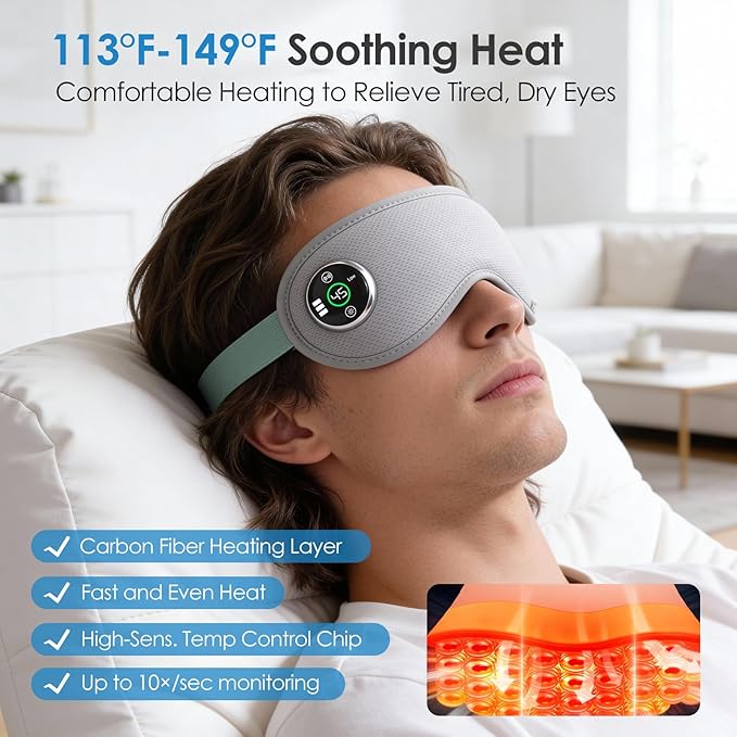 Heated Eye Mask with Massager, 3D Contoured Light-Blocking Sleep Mask for Dry Eyes, LED Display & 3-Level Heat/Vibration Modes,Gift for Men & Women, Ideal for Home, Office & Travel Use (Grey)