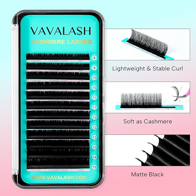 VAVALASH Cashmere Lashes 0.03/0.05/0.07/0.1/0.12/0.18/0.2 Premium Lashes Volume Lash Extensions Individual Silk Lashes, Soft Super Matte Black Profession Eyelash Extension Supplies (0.18-DD-13-20MM)