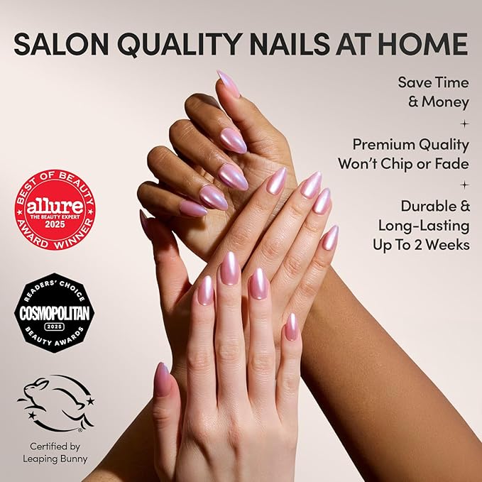Glamnetic Press On Nails - Seaspell | Short Almond Pink Fake Nails with a Velvet Finish, Salon Quality Summer Nails | 15 Sizes - 30 Nail Kit with Glue