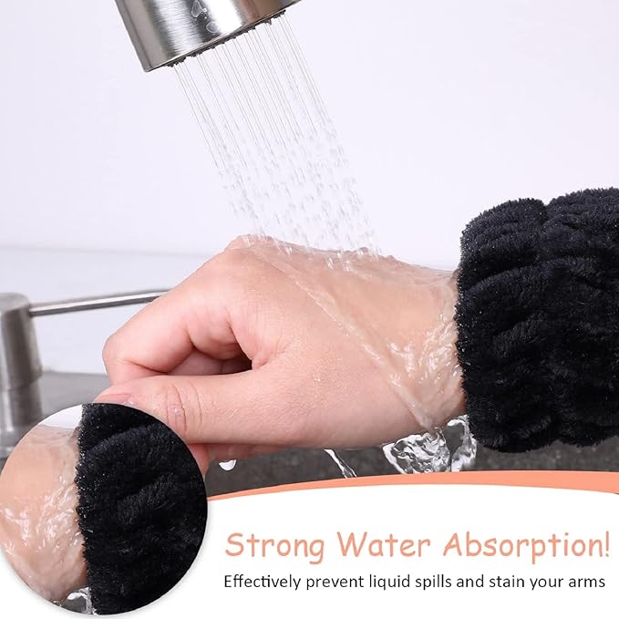 Chuangdi 4 Pairs Wrist Bands for Washing Face Wrist Spa Microfiber Wash Towel Band Scrunchies Absorbent Wristbands Sweatband for Women Prevent Liquid from Spilling(Black)