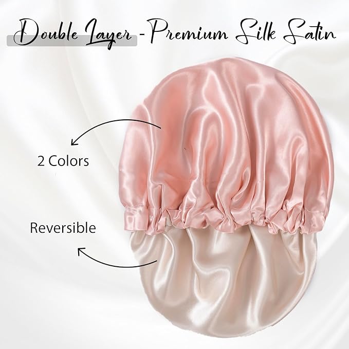 WIGI 100% Silk Satin, Double-Layer, Silk Bonnet for Sleeping Satin Bonnet with Scrunchie Gift, Breathable & Adjustable