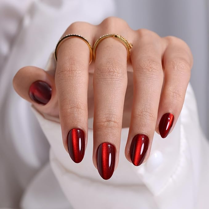 SHANGMENG Dark Red Cat Eye Press on Nails Almond - Soft Gel Valentines Short Press on Nails for Women Gift, Glossy Glue on Nails in 16 Sizes - 32 Reusable Fake Nails Kit with Glue, Wine