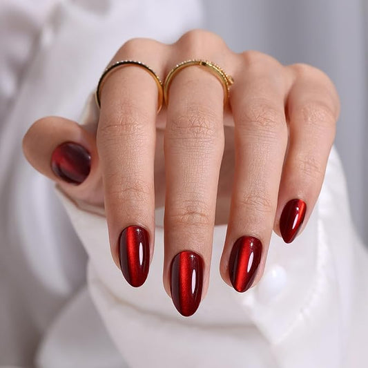 SHANGMENG Dark Red Cat Eye Press on Nails Almond - Soft Gel Valentines Short Press on Nails for Women Gift, Glossy Glue on Nails in 16 Sizes - 32 Reusable Fake Nails Kit with Glue, Wine