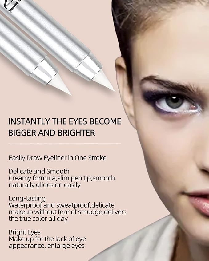 White Waterproof Gel Eyeliner Pens, Highlighter Eye Liner Pencil, Matte Long Lasting Super Smooth formula Eye Liner Eyeshadow Makeup Pen, Polished White Luster, with Pencil Sharpener-1Pcs