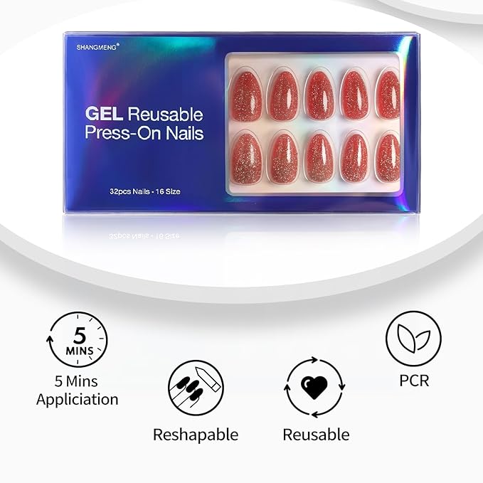 SHANGMENG Glitter Red Press on Nails Almond with Sparkling Diamond - Soft Gel Fake Nails Short with Glue, Glossy Glue On Nails for Women Gift in 16 Sizes - 32 Reusable Nails, Starlight Red Orange