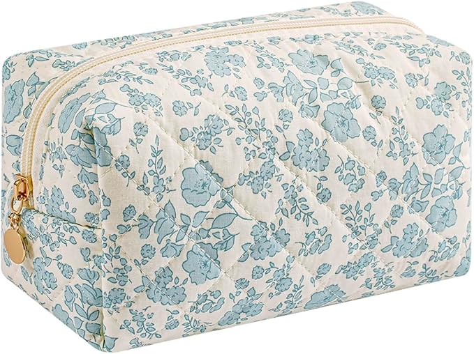 Cute Floral Makeup Bag Small Cotton Quilted Cosmetic Bag, Aesthetic Essential Bag Emergency Bag Gift for Women Girls Travel Accessories (Blue Floral)
