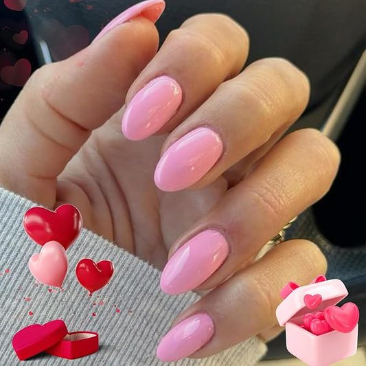 modelones Short Press on Nails, Oval Fake Nails Kit Press Ons with Nail Glue, Adhesive Tabs, Nail File, Prep Pad, Manicure Stick, Pink, 32Pcs 16 Sizes, Valentines