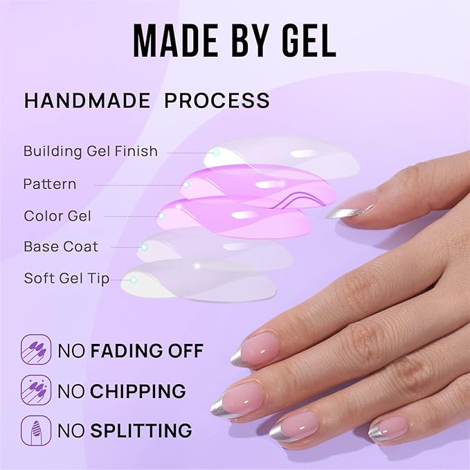 French Tip Press On Nails - BTArtbox Short Almond Fake Nails, Fit Perfectly & Natural Reusable Silver Outline Soft Gel Nails with Nail Glue and Jelly Glue in 16 Sizes, Rock Me