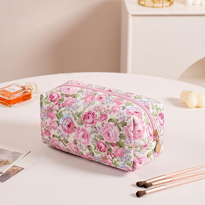 Cute Floral Makeup Bag Small Cotton Quilted Cosmetic Bag, Aesthetic Essential Bag Emergency Bag Gift for Women Girls Travel Accessories (Pink Rose)