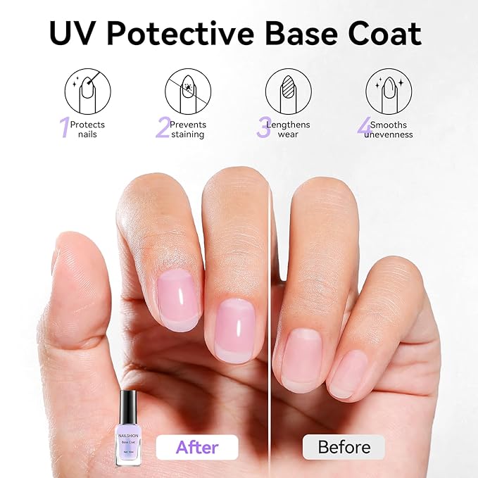 Nailshion Clear Base Top Coat Anti-UV, 2PCS Calcium & VE Base Nail Strengthener High Shine Top Coat, Chip Resistant Quick Air Dry, Protects Color & Nails Prevents Discoloration Women Gift