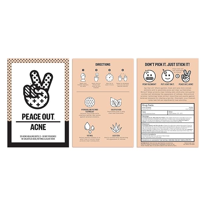PEACE OUT Acne Healing Dots Hydrocolloid Pimple Patches, Acne Spot Patches with Salicylic Acid, Retinol, and Aloe Vera for Blemishes and Breakouts, 20 Count