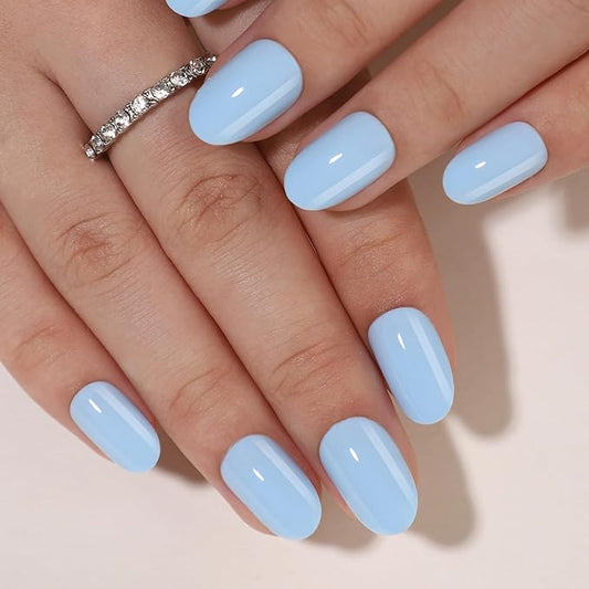 RPNZL Press On Nails - Cloud Nine | Opaque Soft Pale Sky Blue Short Oval Fake Nails, Salon Quality | 32 Nails, 16 Sizes Kit with Glue and Adhesive Tabs I Female Founded