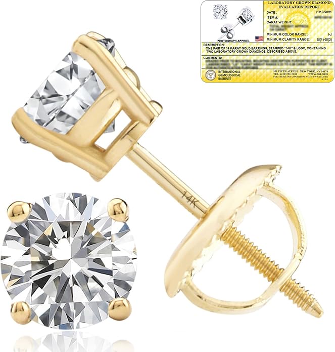 1/4-2 Carat IGI Certified Lab Grown Diamond Stud Earrings | Solitaire Real Diamonds Earring for Women in I-J Color & SI1-SI2 Clarity | 14K Gold Diamond Studs with Secure Backs by MAX + STONE