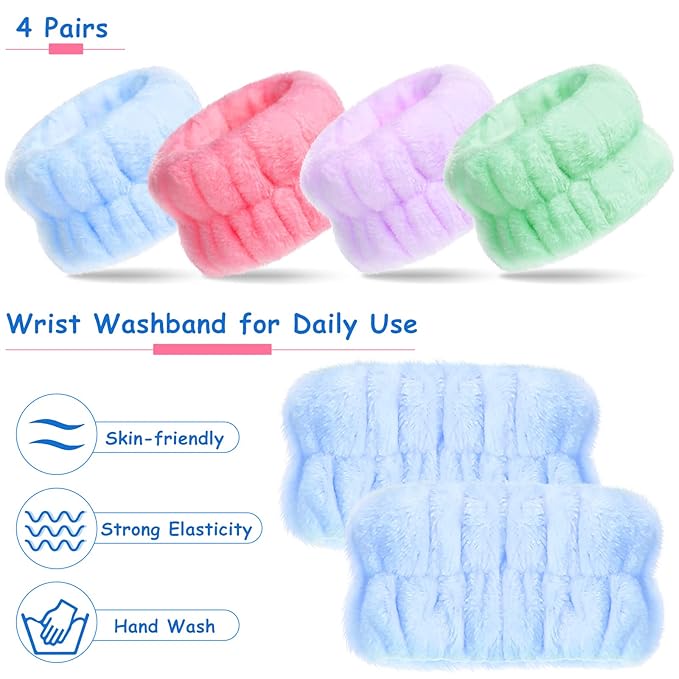 Chuangdi 4 Pairs Wrist Bands for Washing Face Wrist Spa Microfiber Wash Towel Band Scrunchies Absorbent Wristbands Sweatband for Women Prevent Liquid from Spilling(Pastel Colors)