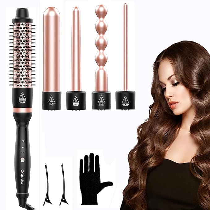 O'bella 5 in 1 Wand Curling Iron Set,Curling Iron Set with Thermal Brush&4 Interchangeable Ceramic Curling Wand(0.35”-1.25”), Instant Heat Up, Dual Voltage Hair Curler, Gifts for Women Gold
