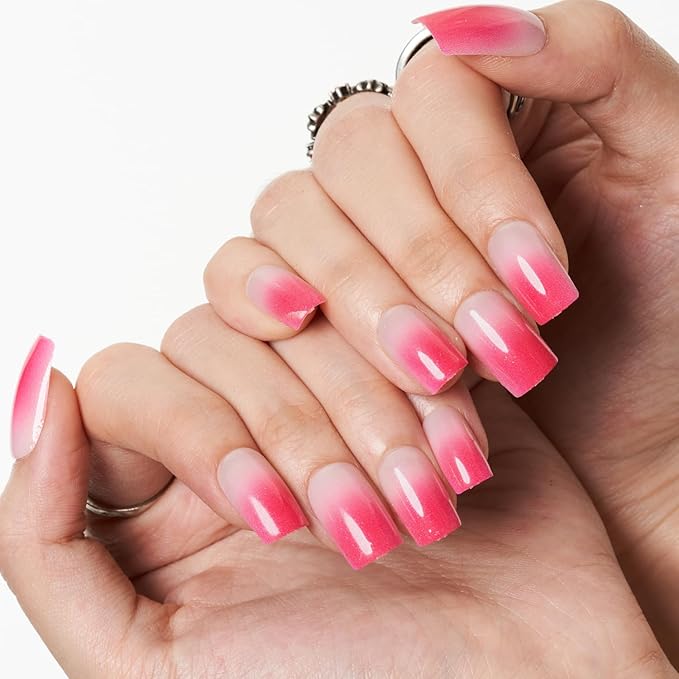 GLAMERMAID Hot Pink Crush Press on Nails Medium Square, French Tip Ombre Gel False Nals Shrimmer, Shrimmer Blush Glue on Nails Kit for Women, Reusable Stick on Acrylic Fake Nails Manicure Set