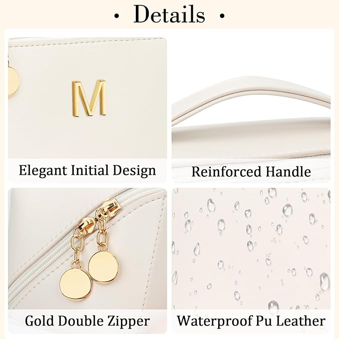 Gifts for Women Bridesmaid Gifts Personalized Initial Makeup Bag PU Leather Cosmetic Waterproof Travel Toiletry Bag (Large)