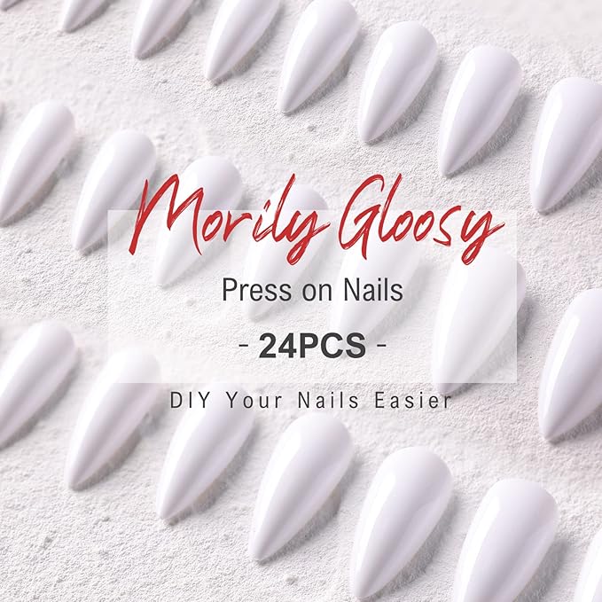morily 24Pcs Pure White Fake Nails Medium Length Press on Nails Stiletto Almond False Nails Tips Long Acrylic Glossy Stick on Nails Solid Color Full Cover Finger Manicure for Women (White)