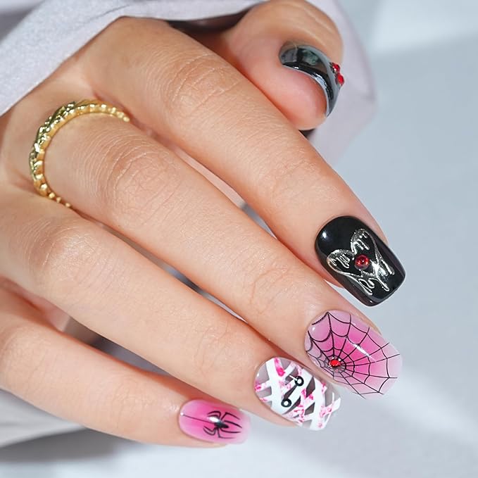 Halloween Press On Nails Short - Mummy’s Crypt,Black Press On Nails Halloween with Spider Web, Acrylic Square Glue On Nails with Nail Glue, Stick On Nails in 16 Sizes - 32 PCS Soft Gel Kit