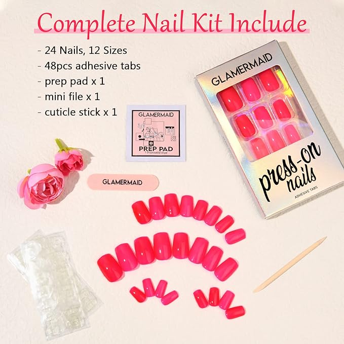 Gel Nail Polish Press on Nails Short, Handmade Hot Pink Fake Nails Medium Square Shape UV Jelly Finish Glue on Nails for Women Acrylic False Nail Kits Stick on nails Reusable Full Cover by GLAMERMAID,