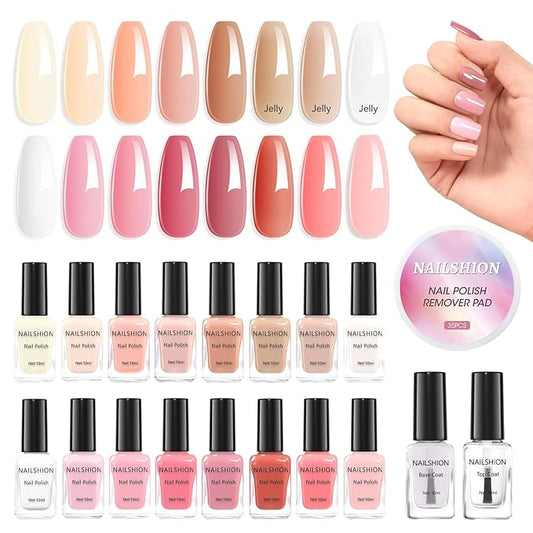 Nailshion Nail Polish Set with Base-Top Coat 16 Colors Nude Pink Beige Rose Neutral Collection Skin Tones Milky Fingernail Polish with Remover Pads, Nail Art Manicure Salon DIY at Home for Women