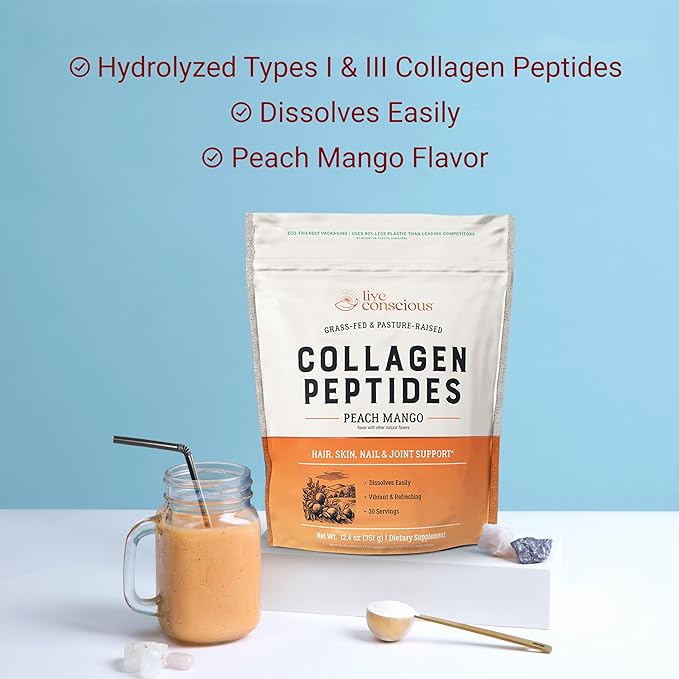 Live Conscious Collagen Peptides Powder - Peach Mango Flavored Collagen Powder - Hair, Skin, Nail, & Joint Support - Type I & III Grass-Fed Collagen Supplements for Women and Men - 30 Servings - 13oz