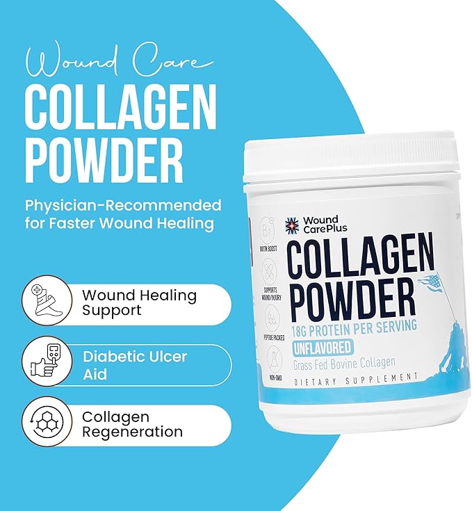 Wound Care Plus Collagen Peptides Powder Unflavored - Grass-Fed Hydrolyzed Collagen with 18g Protein - Supports Skin, Hair & Joint Health - Non-GMO, Keto Friendly