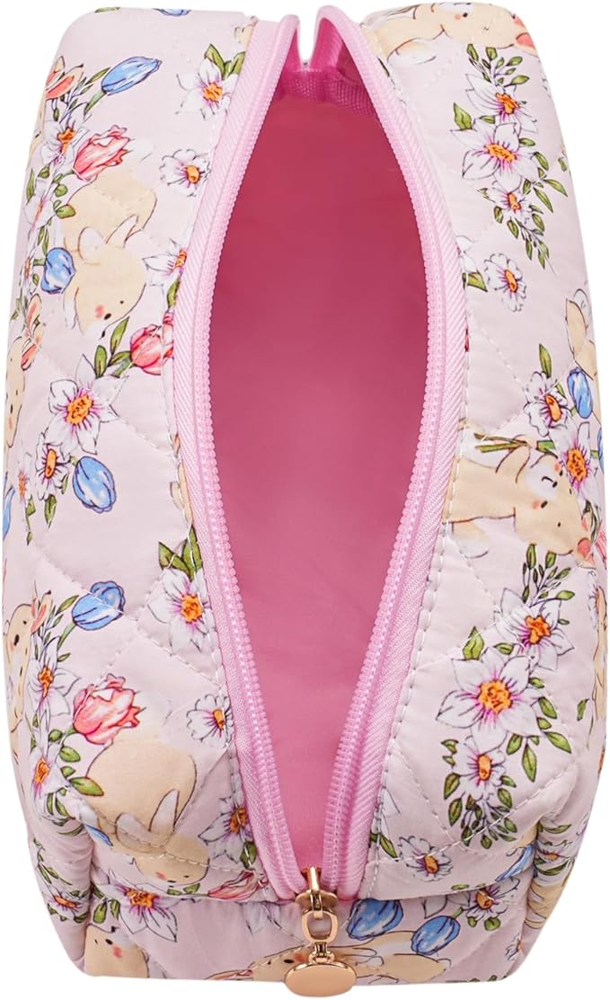Cute Floral Makeup Bag Small Cotton Quilted Cosmetic Bag, Aesthetic Essential Bag Emergency Bag Gift for Women Girls Travel Accessories (Yellow Rabbit)