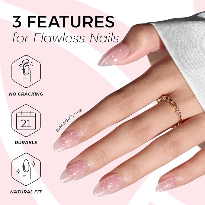 Modelones Pink Valentine Press on Nails Almond, Polka Dot Short Fake Nails, Reusable Nail Kit with Nail Glue Adhesive Tabs Mini Nail File, Nails Press Ons 32Pcs 16size, Women Girl Gift ﻿